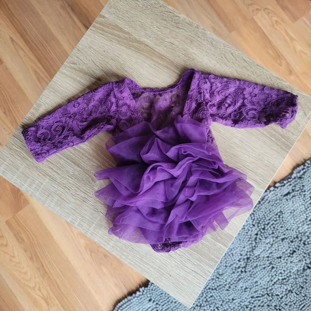 Newborn Photography Romper Purple Lace Infant Bodysuit Large Tulle Flower Prop